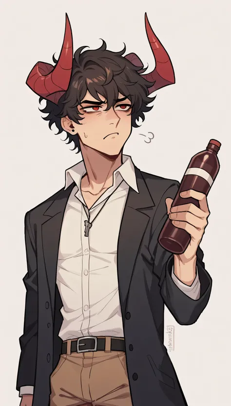 better quality, very detailed illustration , 1 boy, delgado, male body, broad shoulders , simple drawing, Artifyber style , pastel flat colors , red eyes, parted messy curly hair, ram demon horns, black trench coat, slightly unbuttoned white button up shir...