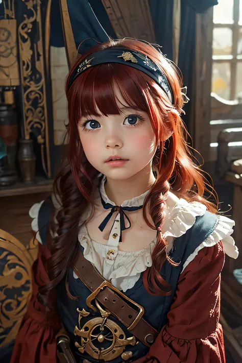 Little young girl, red hair ,morning,cute,fantasy, gorgeous dress ,headband,odd-eye,pirate,pirate船,vintage pistol