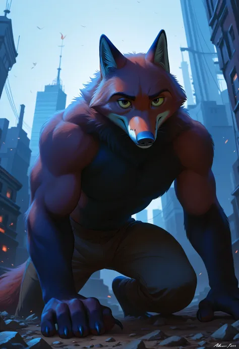 NickWilde fox brown eyes, yellow sclera, solo, detailed, detailed face, black eyes, anthro body, male, adult, muscular, cartoon shading, cel shaded:1.0, flat colors, (no background, white background):1.5, shirtless, wfa style, negger style, cartoony anatom...