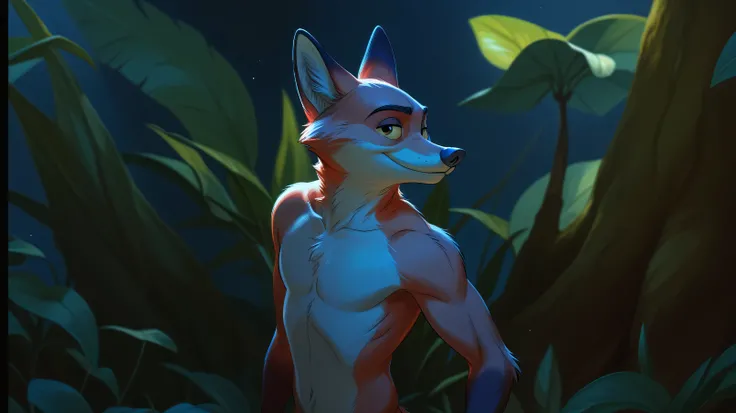 NickWilde fox brown eyes, yellow sclera, solo, detailed, detailed face, black eyes, anthro body, male, adult, muscular, cartoon shading, cel shaded:1.0, flat colors, (no background, white background):1.5, shirtless, wfa style, negger style, cartoony anatom...