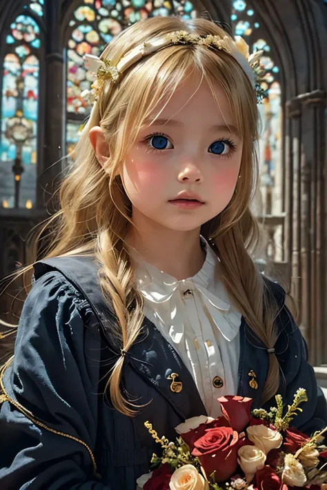 Little young girl,blonde hair,morning,cute,fantasy, gorgeous dress ,headband,odd-eye,cathedral,bouquet