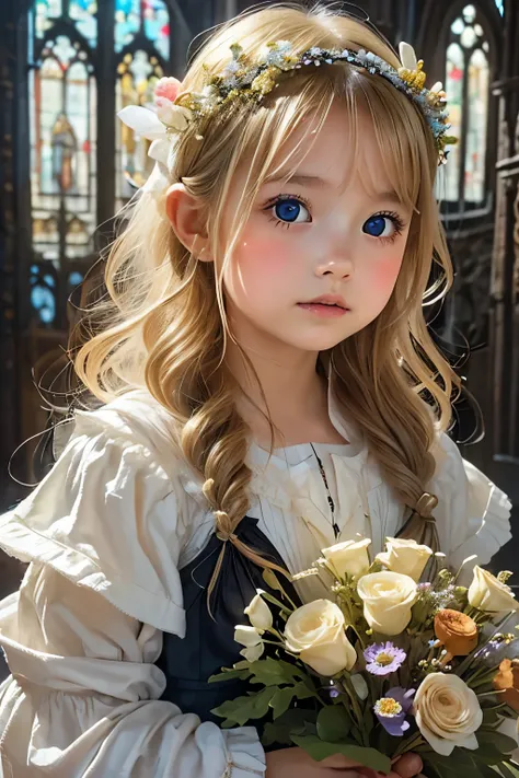 Little young girl,blonde hair,morning,cute,fantasy, gorgeous dress ,headband,odd-eye,cathedral,bouquet