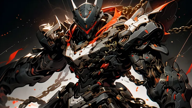 Thin outline, anime style, cool and edgy , A mysterious figure in a dark suit with robotic features, Hold the chain, Standing on a red background , Dramatic Lighting, Cyberpunk, dark, sleek design, future, fashionable, pose , colorful, confident, Pe...