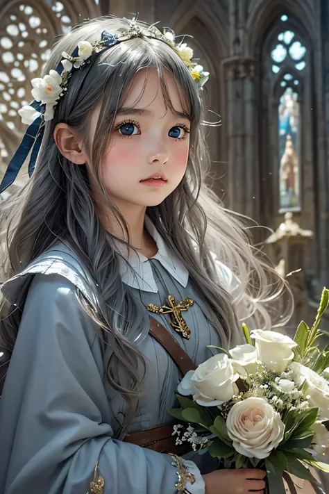 Little young girl,Gray Hair,morning,cute,fantasy, gorgeous dress ,headband,odd-eye,cathedral,bouquet
