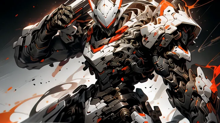 Thin outline, anime style, cool and edgy , A mysterious figure in a dark suit with robotic features, white knight, Standing on a red background , Dramatic Lighting, Cyberpunk, dark, sleek design, future, fashionable, pose , colorful, confident, Perf...