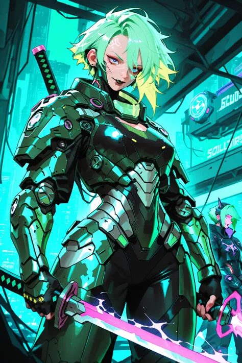 gorgeous, battle hardened, cyberpunk, cyborg vampire, busty, goth styled, heavy body armor, elite soldier, female, neo tokyo skyline backdrop, pastel green hair, holding a purple energy katana, energy arcing from the blade, holographic HUD in front of her ...