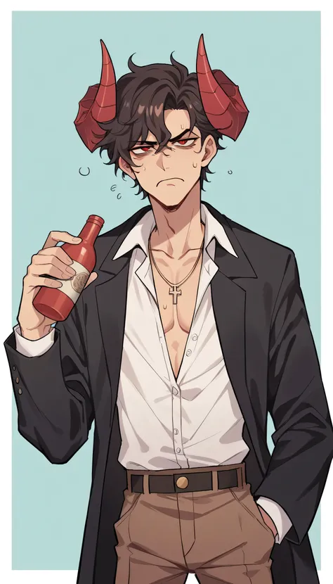 better quality, very detailed illustration , 1 boy, delgado, male body, strong jaw, broad shoulders , simple drawing, Artifyber style , pastel flat colors , red eyes, parted fluffy curly hair, side part in hair, ram demon horns, black trench coat, slightly...