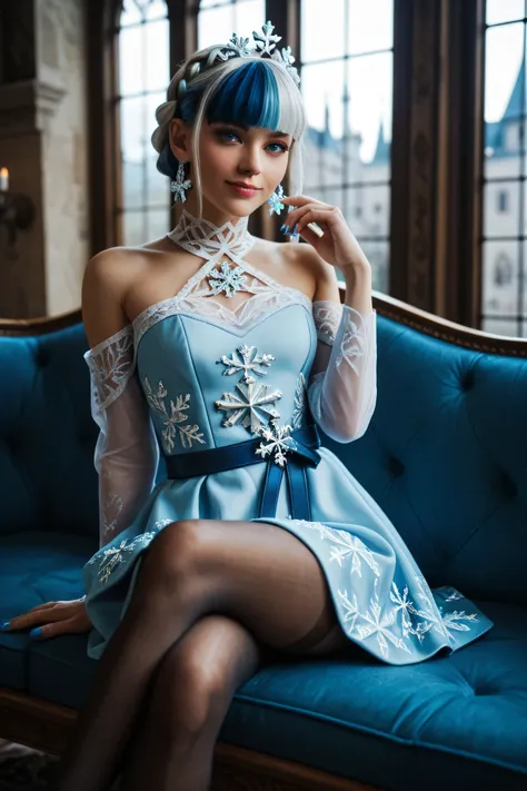 masterpiece, best quality, newest, absurdres, highres, ,  RVLSLNALT, two-tone hair, dress, blunt bangs, crown braid, makeup, single sidelock, blue hair, white hair, dress,  medium skirt, single bare shoulder, snowflake earrings, ice crystal, embroidery, as...