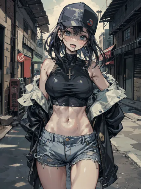 ideal ratio body proportions, perfect anatomy, correct body, earring, big breasts, medium hair, black hair, eye rolling, drooling, with tongues, saliva, open mouth, blush, sexy, erotic, seductive, Sensual, adult body, sweat, looking at viewer, cowboy shot,...