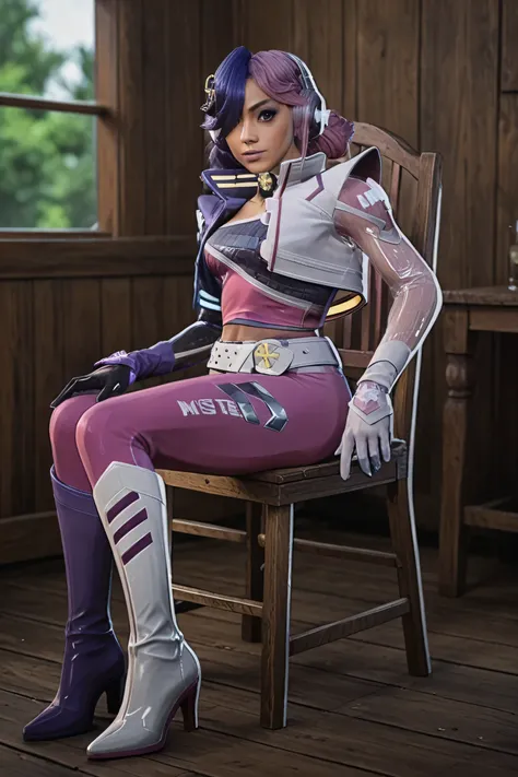 (Masterpiece), (expressive eyes), 1girl,, medium shot, cleavage, large breast, log cabin, chair, sitting down, full body, fca_style.,lun4m2099, 1girl, solo, gloves, purple hair, multicolored hair, belt, jacket, pink hair, long hair, headphones, blue hair, ...