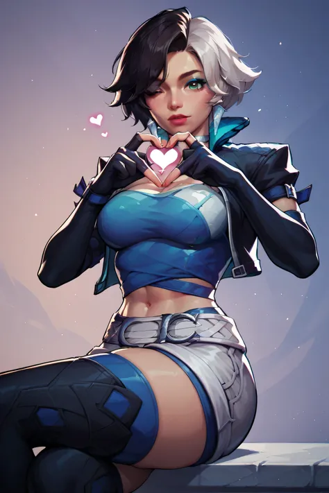 1girl, beautiful woman, breasts
 luna_snow
solo, belt, cropped jacket, sitting, thighhighs, one eye closed, jewelry, heart hands, gloves, shorts, breasts