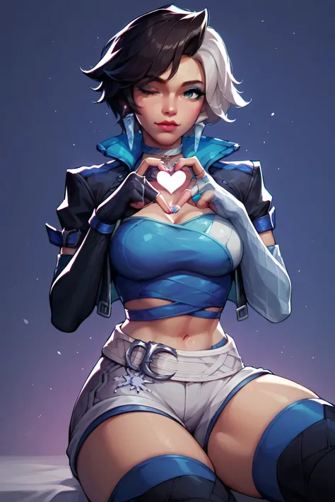 1girl, beautiful woman, breasts
 luna_snow
solo, belt, cropped jacket, sitting, thighhighs, one eye closed, jewelry, heart hands, gloves, shorts, breasts