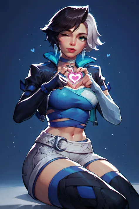 1girl, beautiful woman, breasts
 luna_snow
solo, belt, cropped jacket, sitting, thighhighs, one eye closed, jewelry, heart hands, gloves, shorts, breasts