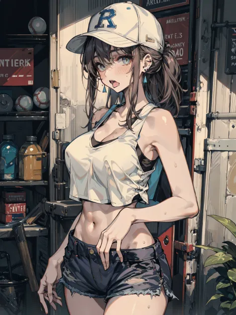 ideal ratio body proportions, perfect anatomy, correct body, earring, huge breasts, medium hair, black hair, eye rolling, drooling, with tongues, saliva, open mouth, blush, sexy, erotic, seductive, Sensual, adult body, sweat, looking at viewer, cowboy shot...