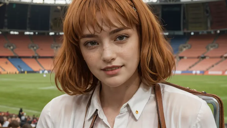 (masterpiece), best quality, expressive eyes, perfect face, multilevel marketing, midriff, Areolae, long ginger hair, Hairclip, limbus salesmen woman, perfect anatomy, (((holding an sales briefcase))), (((closeup face))), tall woman with a muscular physiqu...