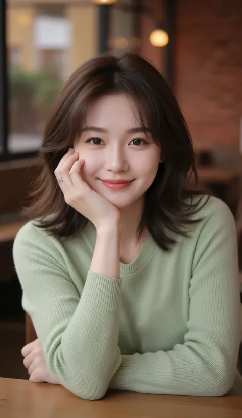 「a woman in her 40s、she is taking selfies indoors。She wears a light green long sleeve knit top、Her hair is a loose, wavy brown color that reaches her shoulders。Lightly support her cheek with her right hand、she has a soft smile。The background is a room with...