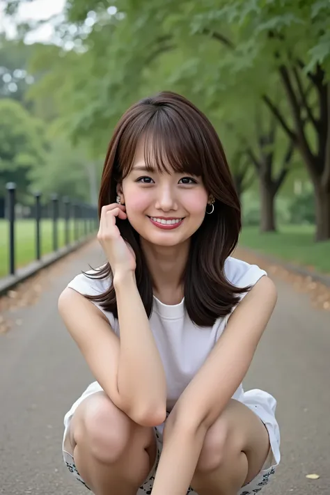 ((( High Resolution , top quality, very well detailed, masterpiece , highly detailed photos , realistic , Real people , Ultra precise skin ))) , , ( from the front ) , full body , Advance Shot , Viewer , ( giggle face ) , { wearing the sleeveless ...
