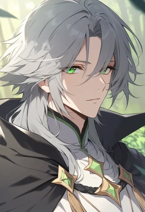 Male + gray hair + green eyes + white robe + black cloak + solo + forest background + face shot