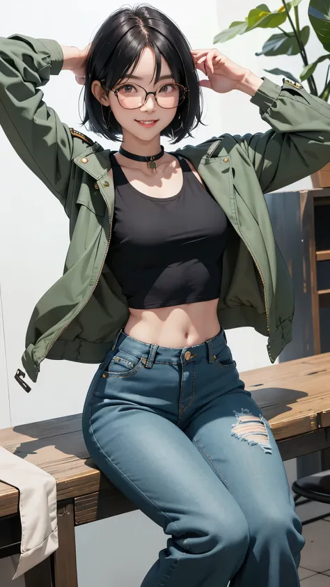 Small eyes, three white eyes, Alasaa Japanese Glasses Otaku 1 woman black hair short bob sadist teeth smile slender small flat chest toned body MILITARY JACKET dark green tank top belly button concrete room under lay black...