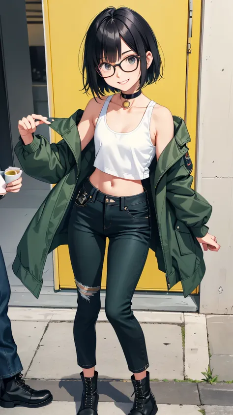 Small eyes, three white eyes, Alasaa Japanese Glasses Otaku 1 woman black hair short bob sadist teeth smile slender small flat chest toned body MILITARY JACKET dark green tank top belly button concrete room under lay black...