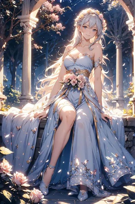 best quality mystical 、(cowboy shot ) Japanese anime character 1 WOMAN cute smile!smile! gentle gaze , beautiful eyes 、、 chest size 130 beautiful beautiful skin on hands 、、 music healing simple lawn configuration flower、 BEAUTIFUL ...