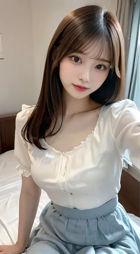 (beautiful girl、cute face、Staring at Viewers:1.3)、top quality,8K image、 perfect double eyelids、happy、natural color makeup、Moist lips、white skin、(straight hair、medium hair、straight hair, Strongly Blurred White Background :1.3),Well-Shaped Breasts、(Sexy blou...