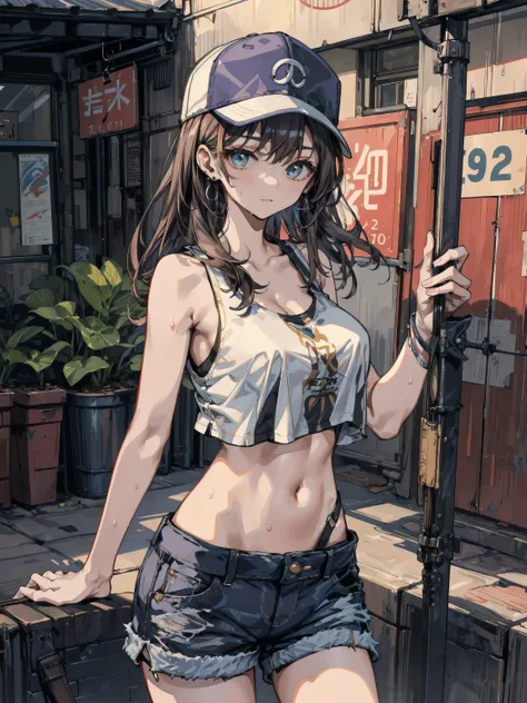 ideal ratio body proportions, adult body, long torso, earring, huge breasts, medium hair, black hair, sexy, erotic, seductive, Sensual, sweat, looking at viewer, cowboy shot, outdoor, baseball cap, black tank top shirt, crop top, shorts, ((((bare arms)))),