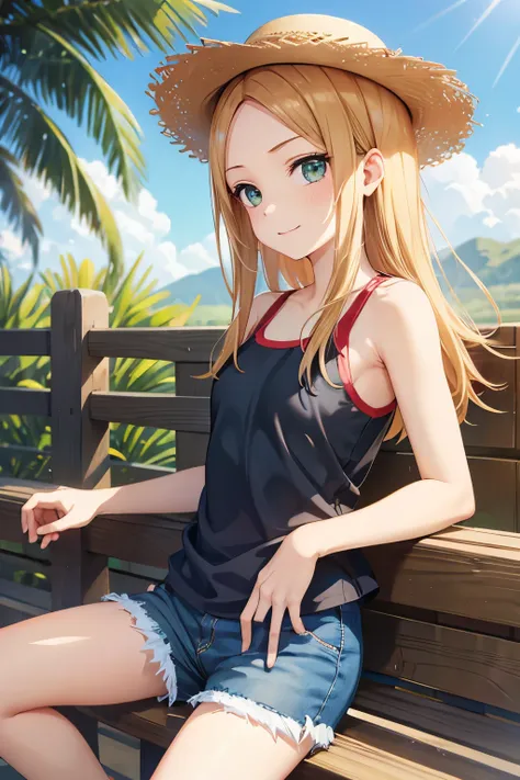 takagi-san、bright blond hair, long hair,((medium breasted、 quantity 、central part:1.2))、 beautiful green eyes、smile、bright eyes, (fine grain)、very beautiful eyes、highly detailed face, detailed eyes, Cowboy shot,
masterpiece, straw hat in the beach, The...