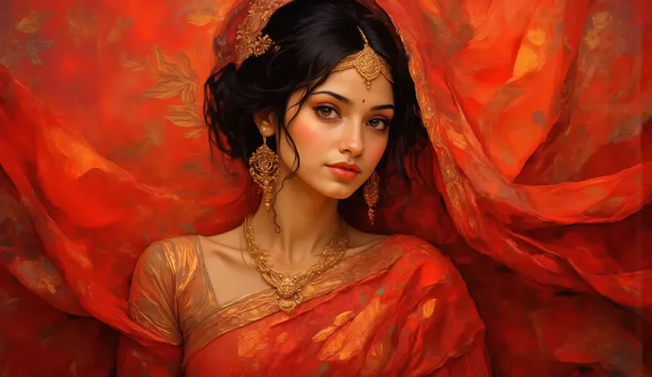 A digital illustration inspired by the vibrant Indian cultural aesthetic of the 21st century, featuring a beautiful Indian woman wearing a red Bandhani saree with intricate golden embroidery. The fabric spreads across the canvas, showcasing the embroidered...