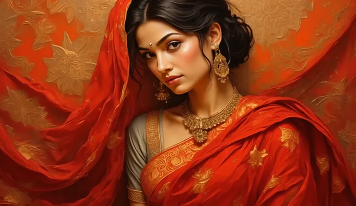 An oil painting inspired by classical Indian art, depicting a woman wearing a red Bandhani saree, the gold-embroidered patterns beautifully detailed on the fabric. Her expression is poised and regal, with a slight tilt of the head. The warm light highlight...