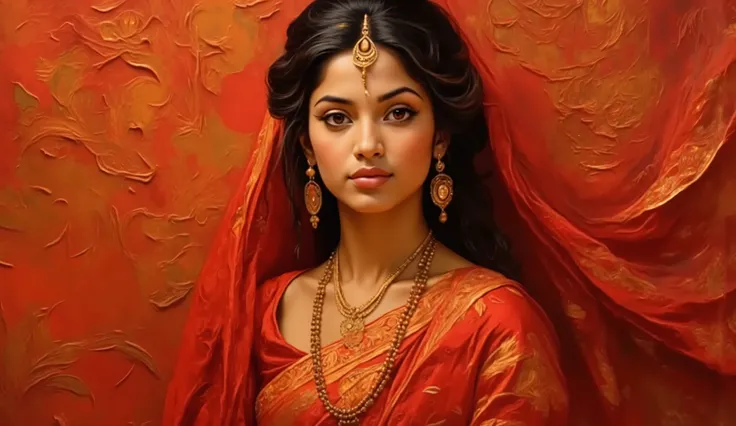 An oil painting inspired by classical Indian art, depicting a woman wearing a red Bandhani saree, the gold-embroidered patterns beautifully detailed on the fabric. Her expression is poised and regal, with a slight tilt of the head. The warm light highlight...