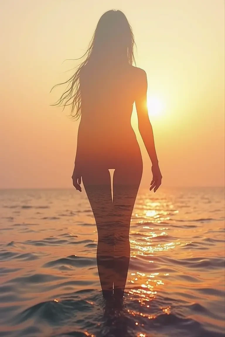 high quality, 8K Ultra HD, A beautiful double exposure that combines an goddess silhouette with sunset coast, sunset coast should serve as the underlying backdrop, with its details incorporated into the goddess , crisp lines, The background is monochrome, ...