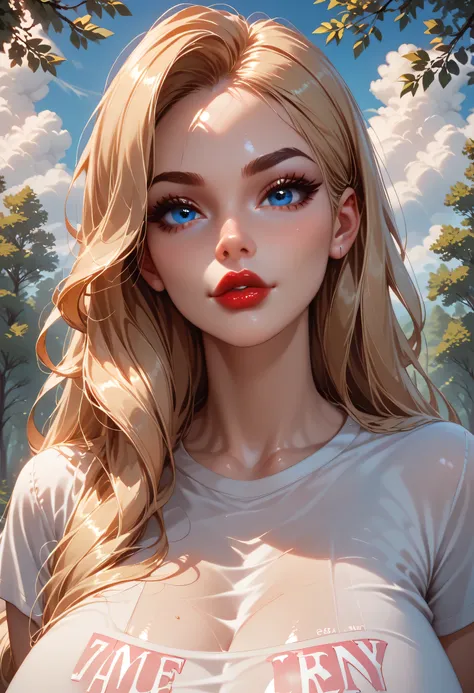 ((perfect face)), blonde hair, very long hair, brown eyebrows, thin eyebrows, blue eyes, black eyeliners, nose, thick lips, red lips, beautiful face, (huge breasts), white t-shirt, looking at viewer, trees, cloud sky