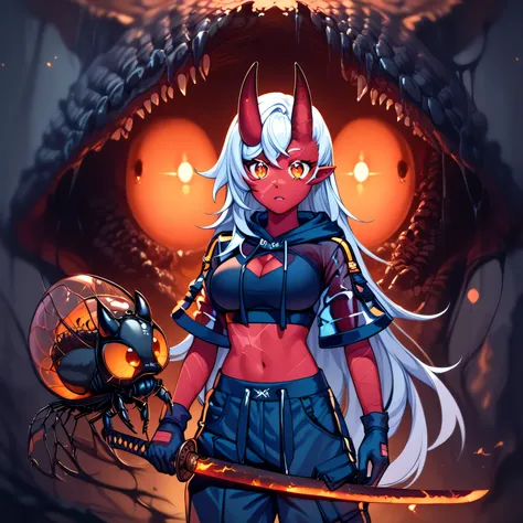 detailed, intricate details, FaceDetail, stunning, masterpiece, best quality, detailed eyes, vivid eyes, score_9, score_8_up, score_7_up, full body shot, 1girl, 1monster, couple, feral, insectoid, akumi yoclesh, wide eyed, in monster insect hive, akumi yoc...
