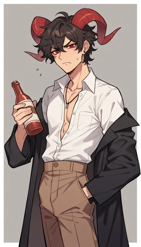 better quality, very detailed illustration , 1 boy, delgado, male body, strong jaw, broad shoulders , simple drawing, Artifyber style , pastel flat colors , red eyes, parted fluffy curly hair, side part in hair, ram demon horns, black trench coat, slightly...