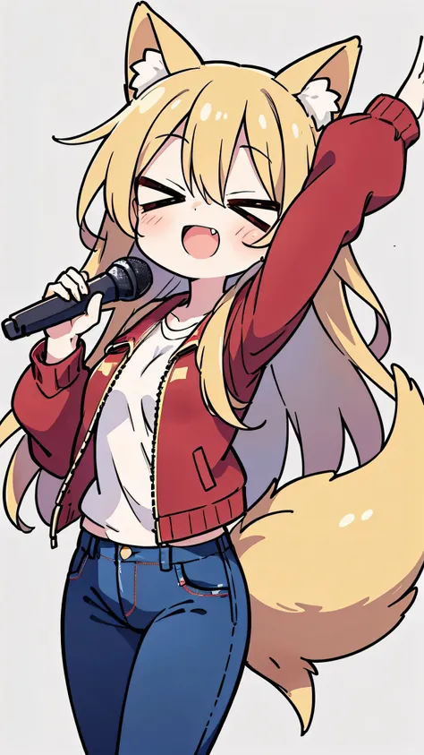 anime style、 cute face、 woman、 fox ears、Gold Hair、long hair、tail、 close their eyes、red jacket、jeans、simple background、open your mouth wide、 double teeth、singing、smile、 sing enthusiastically with a microphone