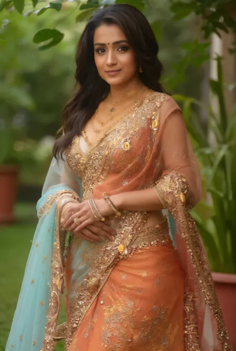 indian sexy girl standing in a garden, ((princess pose)), soft organza bikini lahenga ,colorful bikini with golden zari work ,floral design, designer stylist lahenga,  colorful,  good anatomy,  best quality,  (((masterpiece))),  high quality photography,  ...