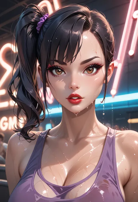 woman, (perfect face), detailed pupils, side ponytail, black hair, black thin eyebrows, brown eyes, purple eyeshadows, black eyeliners, nose, dark red lips, thick lips, parted lips, tank top, purple tank top, large breasts, ((neon light)), perfect body, we...