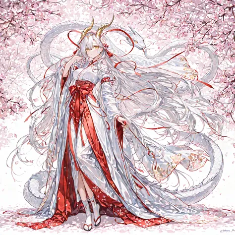 masterpiece, best quality, amazing quality, very aesthetic, girl, adult female, dragon girl, the girl has a white dragon tail ,wear transparent Hagoromo, breast, a pair of big straight golden horns , anime, wear very large and very loose luxury white Mik...