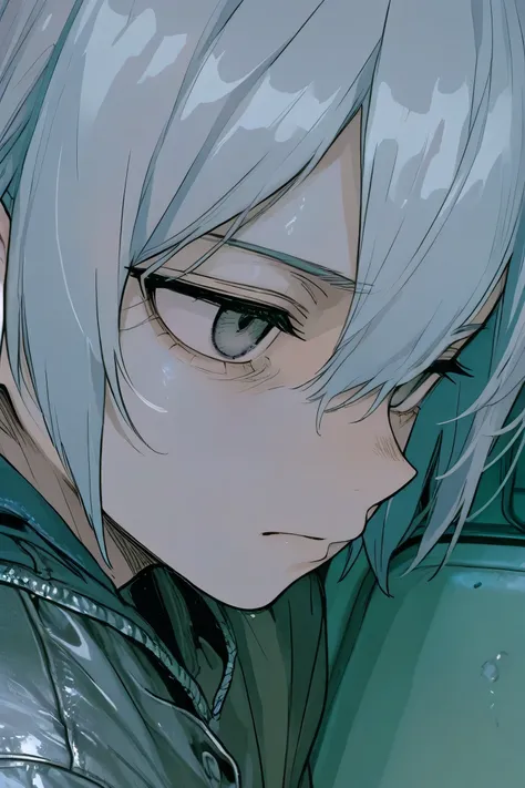 serious expression, short silver hair, Anime style, student uniform, close up portrait, side view, Empty gray look, soft leather, Minimum fund, Interior environment, faint environment , sharp focus on the face, digital illustration, old young boy, empty l...