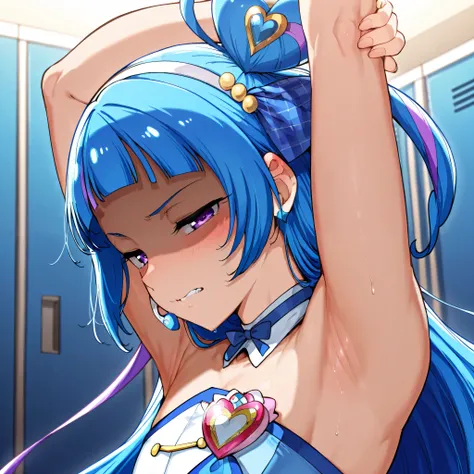 curewink, cure wink, kimi to idol precure, blue hair, magical girl, mini crown, purple eyes, tilted headwear, very long hair, blunt bangs, bare shoulders, hairband, two-tone hair, purple hair, jewelry, idol clothes, idol,heart brooch, headset,
,BREAK, ar...