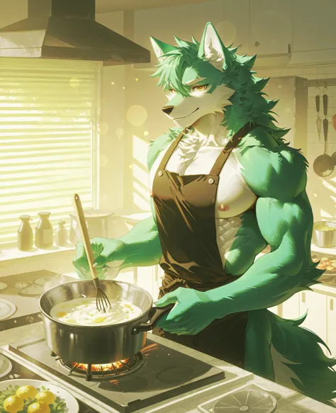 sfw,masterpiece,UHD,solo,highres,best quality,anatomically correct,furry male,(wolf),collarbone,(green fur:1.5,,two-tone body,),white eyebrow,(detailed eyes,amber eyes,detailed pupils,beautiful eyes),snout,animal ears,wolf ears,absurdres,shapely,handsome,w...