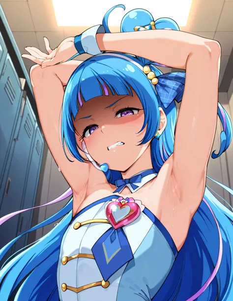 curewink, cure wink, kimi to idol precure, blue hair, magical girl, mini crown, purple eyes, tilted headwear, very long hair, blunt bangs, bare shoulders, hairband, two-tone hair, purple hair, jewelry, idol clothes, idol,heart brooch, headset,
,BREAK, ar...