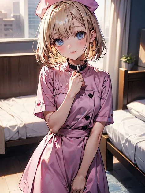 Best Quality,masterpiece 8k,high resolution,high resolutionで不条理な解像度:1.2,Kodak Portra 400 standing,film grain, blurry bokeh:1.2,lens flare,( bright colors :1.2), ( One Very Young Girl :1.4), watch viewers, face close-up
,
BREAK
short sleeve pink nurse unifo...