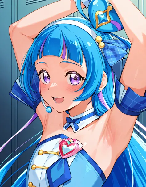 curewink, cure wink, kimi to idol precure, blue hair, magical girl, mini crown, purple eyes, tilted headwear, very long hair, blunt bangs, bare shoulders, hairband, two-tone hair, purple hair, jewelry, idol clothes, idol,heart brooch, headset,
,BREAK, ar...