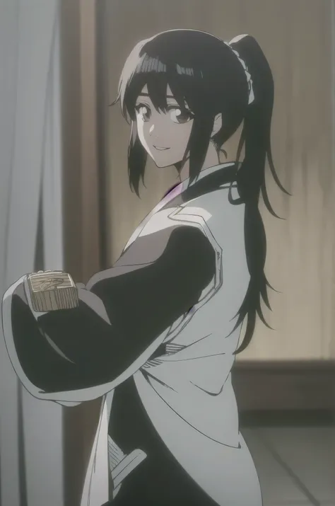      masterpiece,  Highest quality ,
 one girl from the side ,   romantic love ,    black hair,  single , ponytail, Vancouver,  brown eyes,
 Hair bangs,
   kimono, white sleeveless coat ,Captain's coat without white sleeves,  black  kimono ,
smile,  alone,...