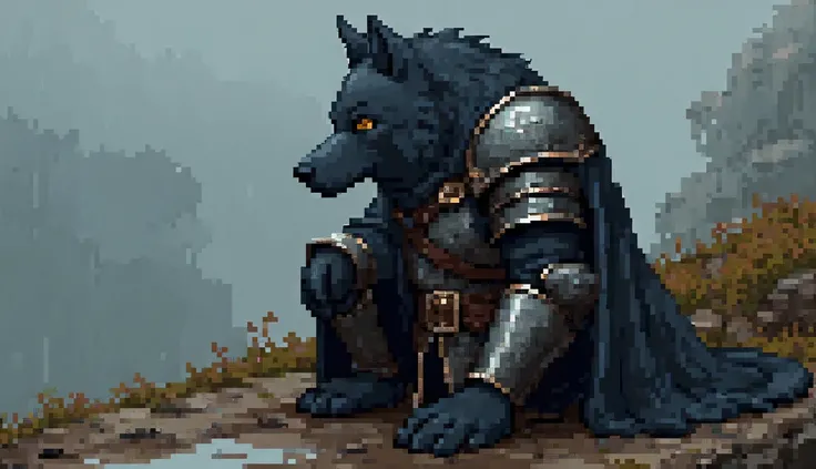 On the left side of the scene, a lone wolf knight kneels on a patch of soft, rain-soaked earth. His fur is dark gray, speckled with raindrops, and his sharp amber eyes gaze solemnly into the distance. He wears a battered steel breastplate with intricate en...