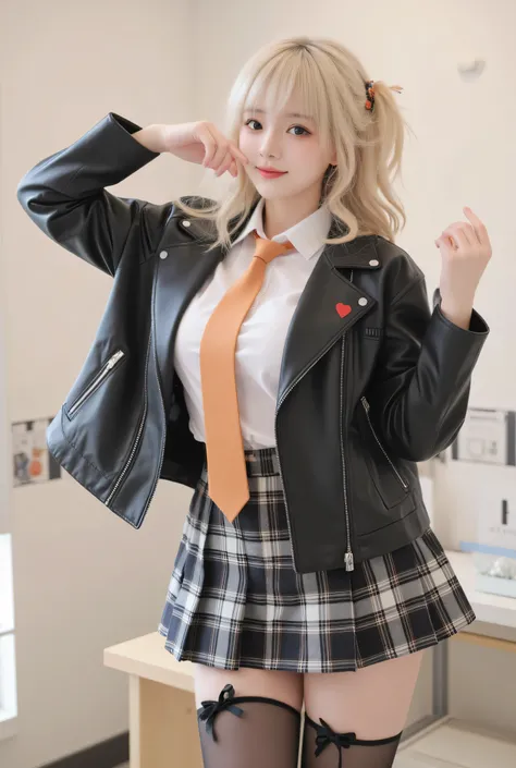 anime girl in a short skirt and jacket with a red heart, a hyperrealistic schoolgirl, hyperrealistic schoolgirl, realistic schoolgirl, girls frontline style, school girl, beautiful anime high school girl, render of april, from girls frontline, anime full b...
