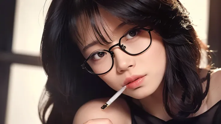 ((Beautiful young Japanese woman smoking a cigarette)), ((full body)) ,((flat chested)),(((masterpiece))), (((Best Quality: 1.4))), ((Super Detail: 1.4)) , Gorgeous and Exotic Features , dark eyes:1.5, Black Straight Hair, Very detailed facial features, e...