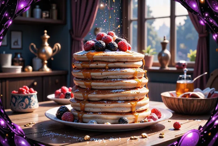 pancake day, detailed pancake stack, fluffy golden pancakes, maple syrup drizzle, fresh berries, powdered sugar dusting, wooden table surface, warm morning sunlight, cozy kitchen interior, artisanal culinary photography, 8K, ultra-detailed, realistic, HDR,...